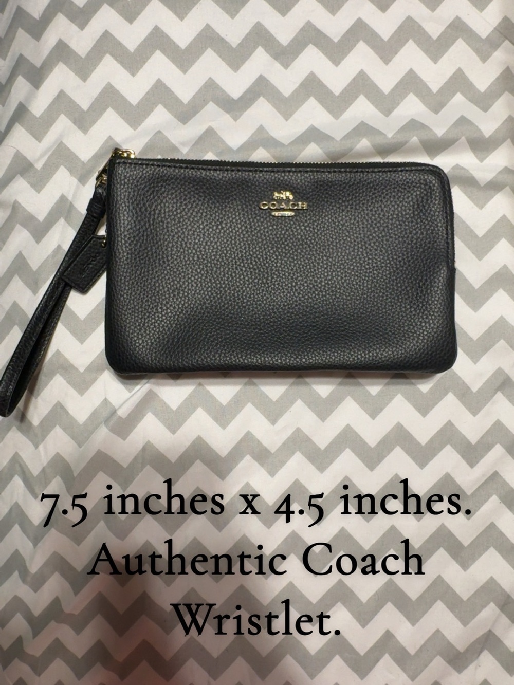 Coach Black Pebbled Leather Zip Wristlet with Gold Logo